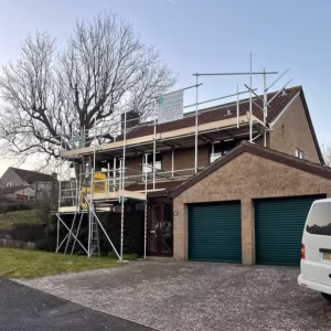 Multi-level scaffolding structure on residential property